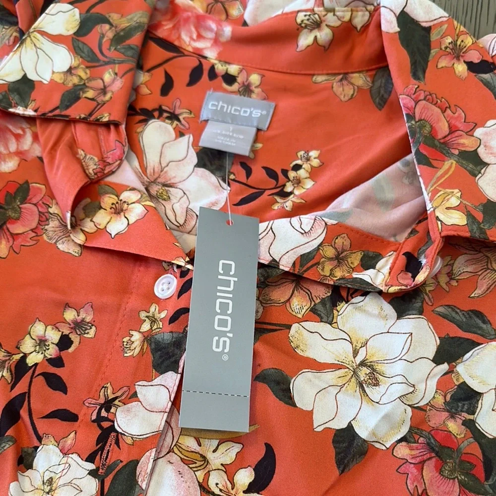 Chico's Floral Button Down Shirt in Orange and White - Picture 2 of 4